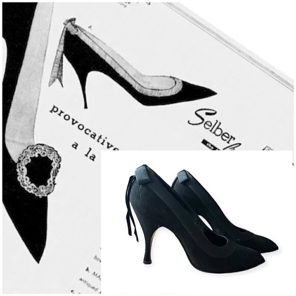 Vintage Herbert Levine "Sailor Beware" Pumps with Bow at Back, Black Suede, Size - Picture 9 of 16